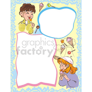 A border of a girl and a boy eating icecream and candy clipart. Commercial use image # 134252