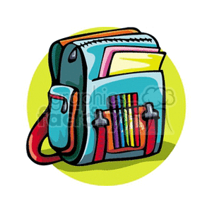 Cartoon backpack with colored pencils and paper  clipart.