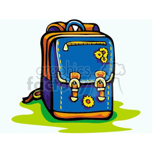Cartoon blue backpack with yellow sunflowers  clipart.