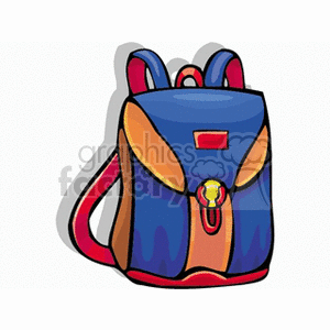 Cartoon blue backpack with red straps  clipart.