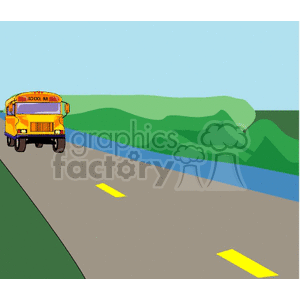 Yellow school bus driving down a road  clipart. Commercial use image # 138763