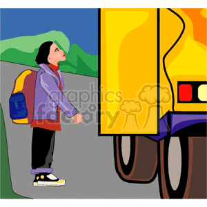 clipart - Cartoon student waiting to get on a bus.