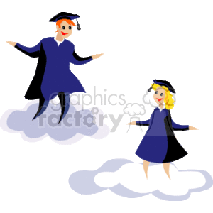 Graduating boy and girl standing on clouds