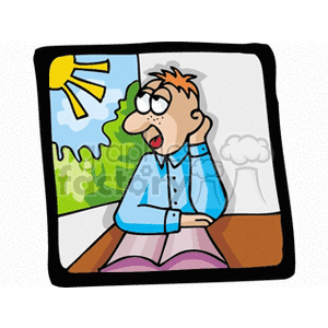 Cartoon man staring out the window on a sunny day clipart. Royalty-free image # 139662
