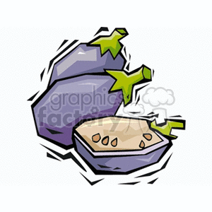 two eggplants and one sliced eggplant clipart.