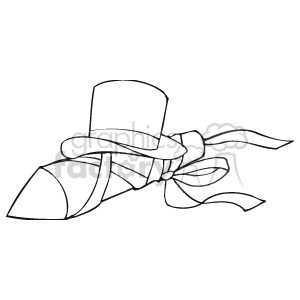 Black and white rocket wrapped in a ribbon with a top hat on top