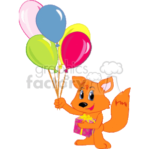 Small cartoon fox holding a bunch of balloons