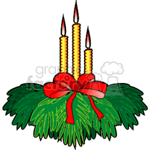 clipart - Golden Stick Candles In a Mound Of Pine Tree Branches.