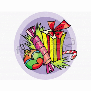 clipart - Christmas Candy Sitting with a Wrapped Gift and A Decorated Ornament.