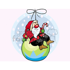 Red Nosed Santa Claus Sitting on a Ball Ornament Holding a Candy Cane clipart. Commercial use image # 143004