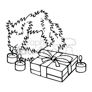 This clipart image contains a fluffy Christmas wreath, a gift box with a ribbon, and three candle holders with candles, all rendered in a black and white line art style.