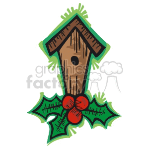 clipart - Single Hole Bird House Decorated with Holly Berry.