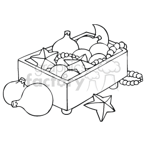 Black and White Box of Mixed Christmas Decorations clipart.