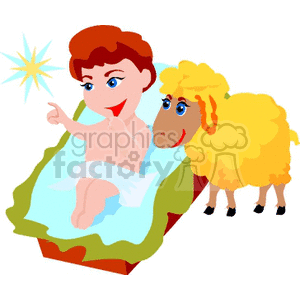 Jesus baby in a manger next to a lamb clipart.