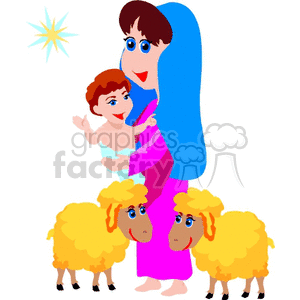 Cartoon maria and jesus with lambs 