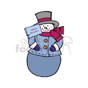 The clipart image features a cheerful snowman dressed for the winter holidays. The snowman is wearing a top hat, a scarf, and gloves, with a coat that has buttons down the front. It's holding a card that reads Happy Holidays in its hand.
