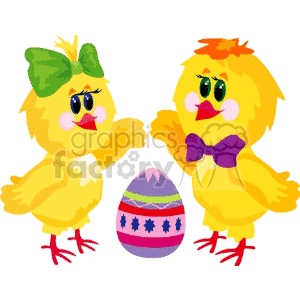 Boy and Girl Easter chicks standing by a decorated Easter Egg