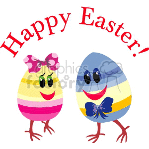   Happy Easter Basket Eggs painted egg  easter009.gif Clip Art Holidays Easter decorated stripes painted polka dots bow tie blue yellow pink red