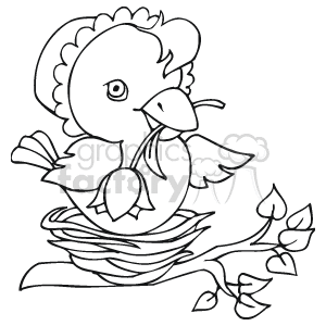 Black and White Baby Chick Holding a Flower Sitting in a Nest clipart. Royalty-free image # 144375
