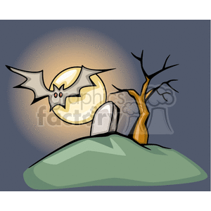 Bat flying around a graveyard with full moon clipart.