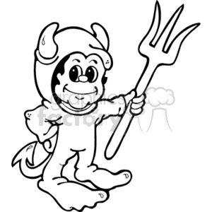 Black and white boy dressed as a devil holding a pitchfork