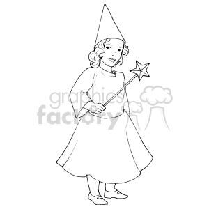 The clipart image displays a figure dressed in a Halloween fairy costume. The figure appears to be wearing a long-sleeved dress with a full skirt, a pointed hat, and is holding a wand with a star at the tip, which is typical of fairy or magical character costumes. The style of the drawing is line art, and it seems intended for activities like coloring or for use as a simple graphic in decorations or themed materials.