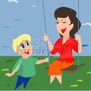 This clipart image depicts a smiling mother swinging on a swing with a happy child standing beside her. The scene is set outdoors with a blue sky in the background and a few grass patches and birds visible, creating an atmosphere of a playful and joyful moment between a mother and her child, possibly celebrating a special occasion like Mother's Day.