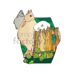 Wooden mug of beer with hops and fish clipart. Commercial use image # 145321