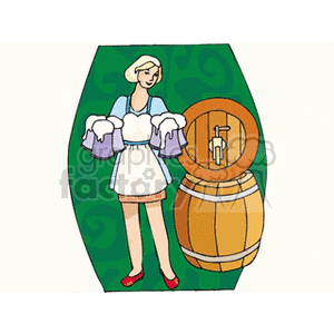 Waitress holding mugs of beer with keg clipart. Royalty-free image # 145329