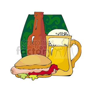 Bottle of beer with a foamy mug of beer and a hot dog clipart. Royalty-free image # 145337