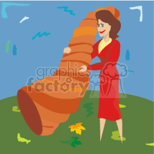 In the clipart image, there is a smiling woman dressed in a red outfit, standing outside with a large, empty horn-shaped basket known as a cornucopia, which is often associated with Thanksgiving. It signifies abundance and nourishment. The background suggests a fall setting with blue skies, white clouds, and scattered fall leaves in yellow and green tones. There's also a single yellow flower on the ground. The overall theme of the image relates to the fall season and the Thanksgiving holiday.