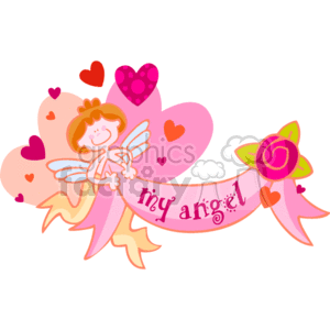 A Smiling Cupid Surrounded by Multiple Colored Hearts Holding a Sign that Says My Angel clipart. Commercial use image # 145735