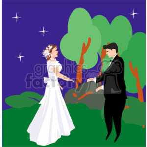 The clipart image depicts a bride and groom holding hands, both dressed in traditional Western wedding attire. The bride is in a white wedding dress with a veil and the groom is in a black suit. The setting is outdoors at night, suggested by the dark sky and stars, with some greenery and trees in the background.