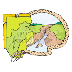 The clipart image features a stylized representation of a map. The map is encircled by a rope forming a border around it. The map itself seems to show a geographic formation such as a river or arroyo—with different colored areas possibly indicating varied terrains or altitudes. There are no animals visible in this image. 
