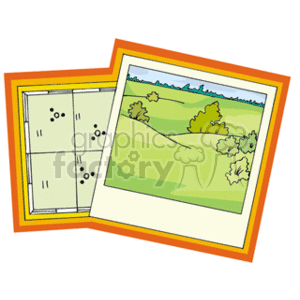 The clipart image contains illustrations of two items: on the left, there's what appears to be a folded map with some markings that potentially represent specific locations or points of interest; and on the right, there's an image of a green landscape with trees, bushes, and a blue sky that may represent a field or park area.