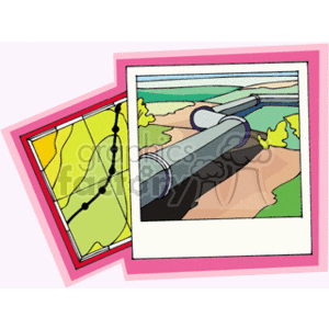 The clipart image features two main elements: a map and a pipeline. The map appears to be a simplified representation with stylized lines possibly indicating roads or boundaries, and it's partially obscured by the larger image of the pipeline.
The pipeline is depicted as two large tubes lying parallel to each other on a landscape. The environment around the pipeline includes a lush green area, potentially a field or meadow, and the pipeline recedes into the distance toward a blue sky with fluffy white clouds.