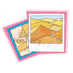 The clipart image features stylized representations of maps, with one prominently showing a desert scene with sand dunes in various shades of yellow and brown, indicating a topographical view of a desert area. The other map appears to show a section of a map with similar desert characteristics, also indicating sandy terrain.