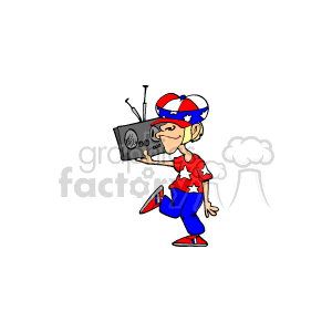 young patriotic kid listening to a radio animation. Commercial use animation # 149330