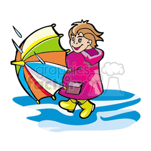 Girl playing with an umbrella in the rain clipart.