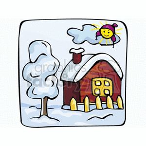 Little red house with snowy landscape sun in the sky with winter hat clipart. Royalty-free image # 152819