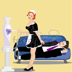 Maid flirting with a man laying on a couch clipart. Royalty-free image # 153507