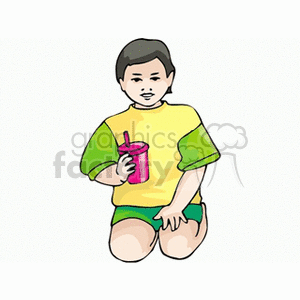 Boy dressed in green and yellow holding a sippy cup clipart. Commercial use image # 153860