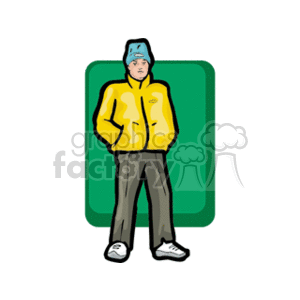 A boy in a yellow jacket with his hands in his pockets wearing a blue stocking cap clipart. Royalty-free image # 153871