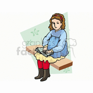 clipart - Little girl sitting on a bench reading a book.