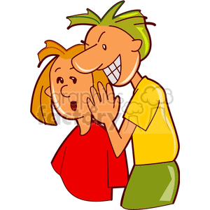 A evil looking boy whispering into a surprised girls ear clipart.