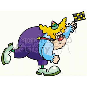 A Hunched Over Clown with Big Green Shoes Yellow Hair Waiving a Small Checkered Flag clipart. Royalty-free image # 156624