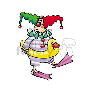 A Clown with a Jester Hair Style Wearing a Floatie and Flippers clipart.