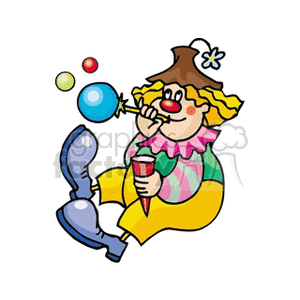 A Clown Dressed in Yellow Sitting and Blowing Bubbles clipart. Royalty-free image # 156642