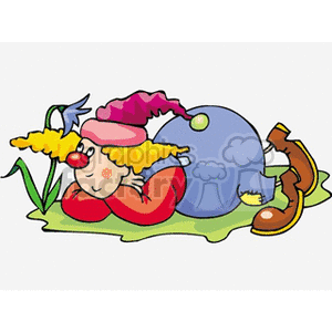 A Happy Clown Laying on on the Grass Looking at a Blue Flower clipart. Commercial use image # 156673