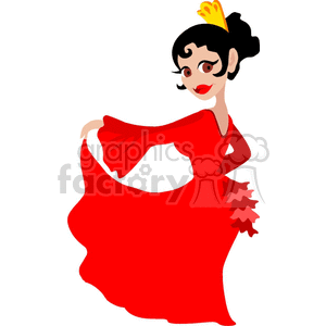 clipart - A Spanish Woman in Red Holding her Dress and Dancing .